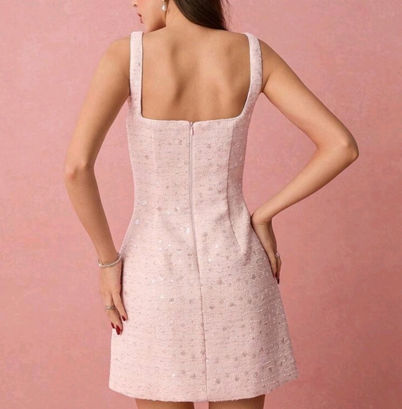 Spring/Summer Romantic Women's Soft Pink Square Neck Sleeveless Floral Sequin - Picture 3 of 4